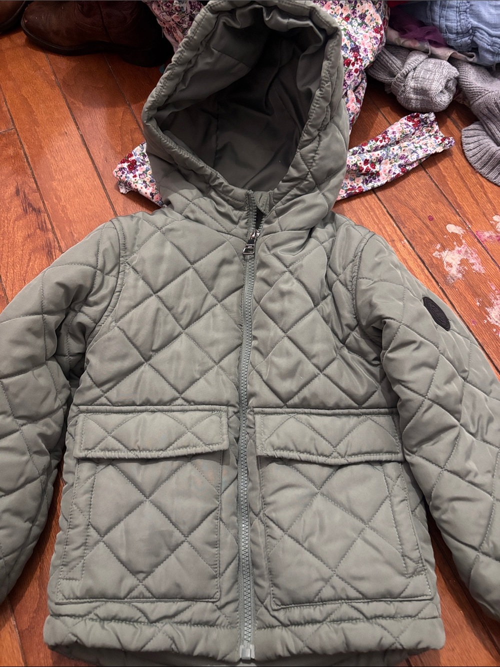 Kids Quilted Hooded Jacket - Olive Green